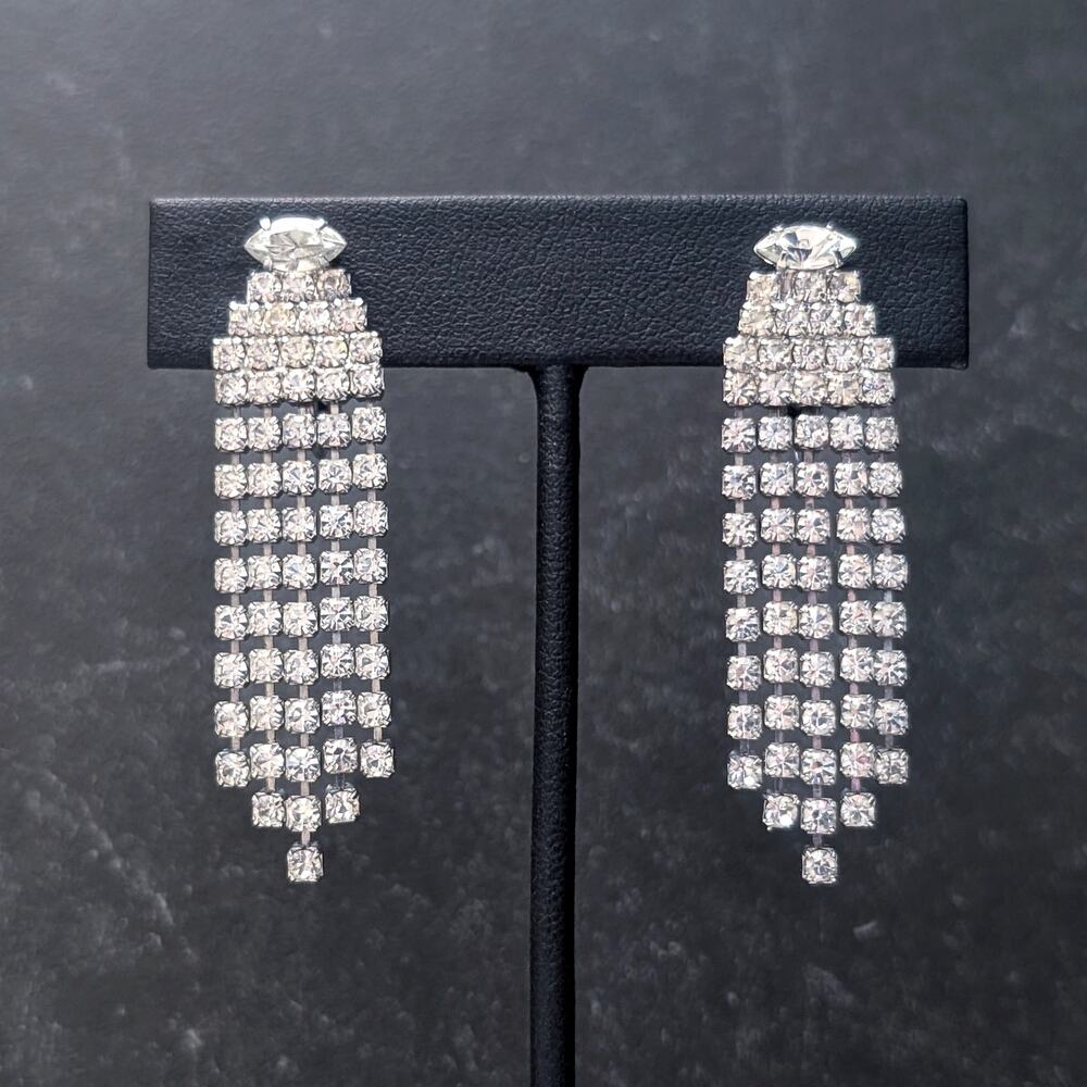 Vintage Clip On Earrings Stylish & Elegant Dangle Drop Silver Tone & Clear Gems